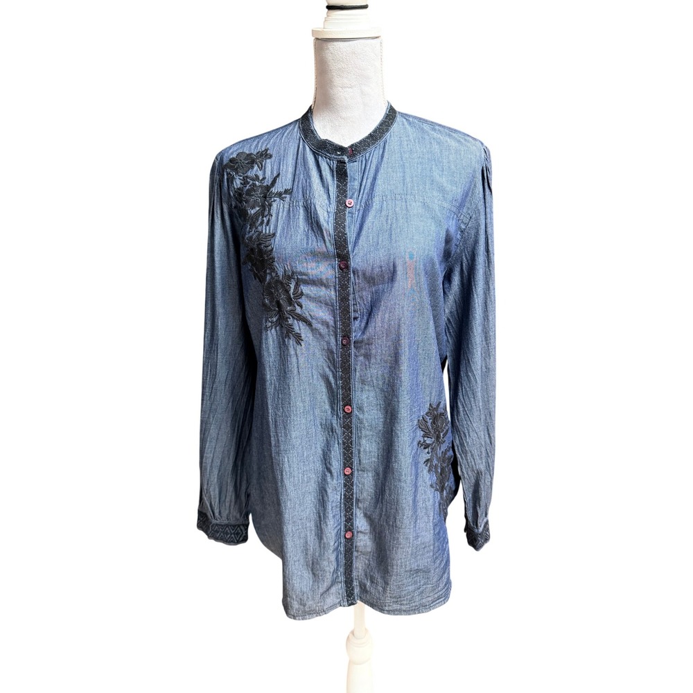 Vintage Goa Blue Cotton Floral Embroidered Tunic Shirt Large Long Sleeve Boho